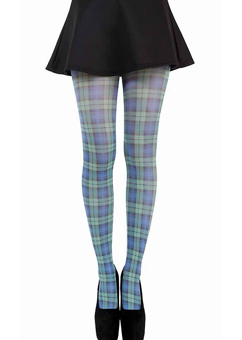 Plaid Footless Tights Teal Printed Pantyhose From Ankle to Waist