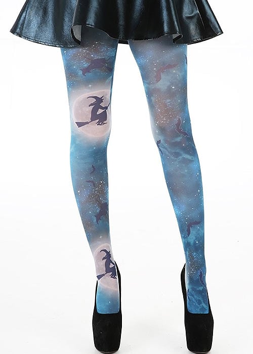 Pamela Mann Witch Halloween Tights with sky background Pamela Mann Fantasy Witch Tights