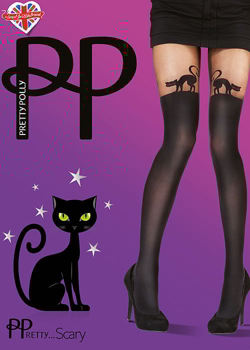 Spooky Halloween Tights 2019 with spooky cat Pretty Polly Spooky Halloween tights with scary kitty