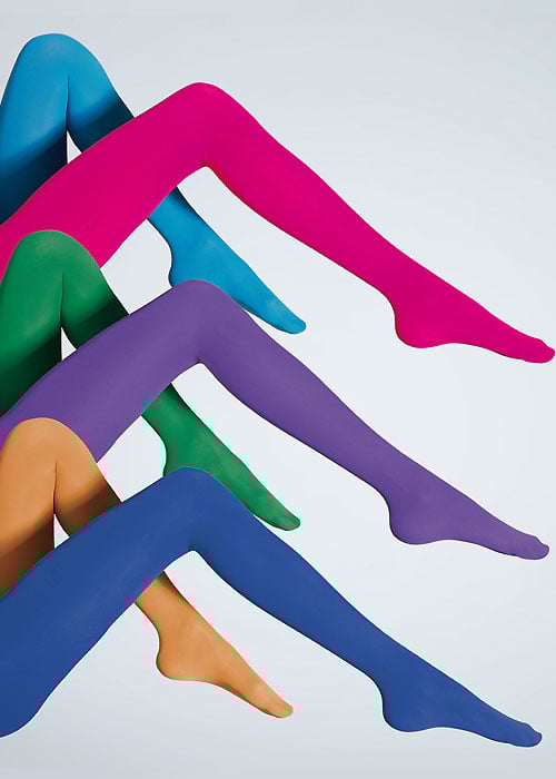 Six coloured opaque tights: turquoise, fuchsia, emerald, amathyst, mustard, cobalt blue