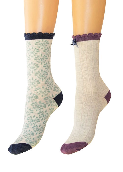 Charnos Ribbed and Floral Cotton Socks 2 Pair Pack image