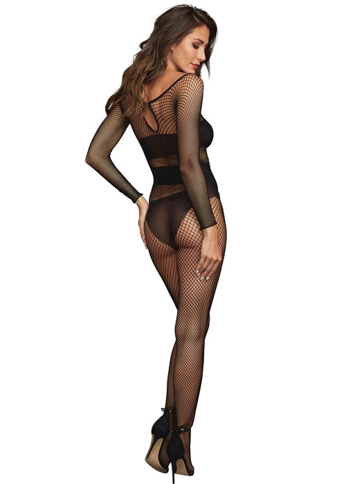 Dreamgirl Fishnet Opaque Detail Long Sleeve Bodystocking SideZoom 2