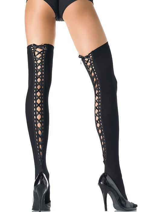 Leg Avenue Opaque Hold Ups With Satin Eyelet Lace Up Back image