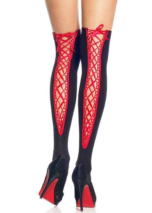 Leg Avenue Opaque Hold Ups With Satin Eyelet Lace Up Back SideZoom 3