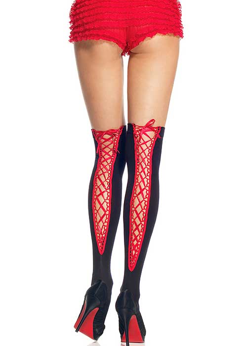 Leg Avenue Opaque Hold Ups With Satin Eyelet Lace Up Back SideZoom 2