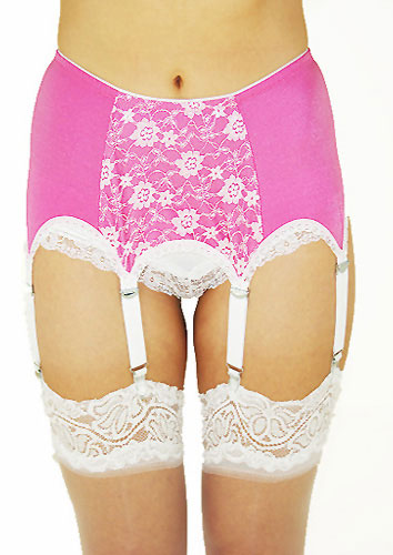 Nylon Dreams White Lace Over Pink Suspender Belt (NDSSL66)