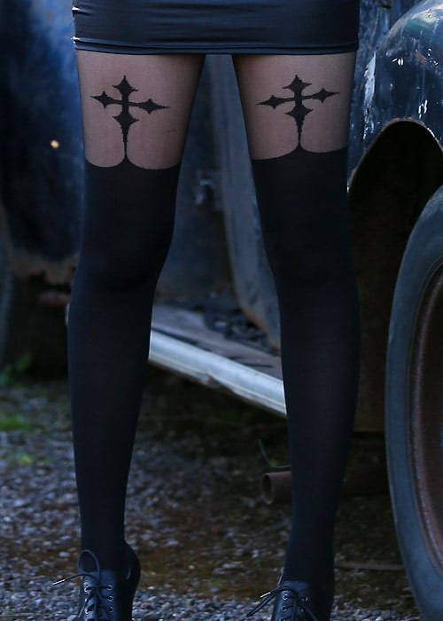 Pamela Mann Goth Cross Mock Suspender Tights In Stock At UK Tights