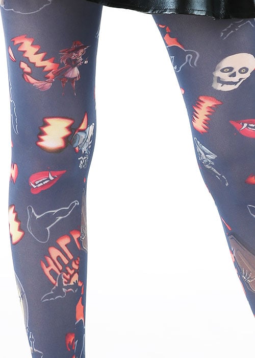 Pamela Mann Pumpkin Skulls And Witch Printed Tights image