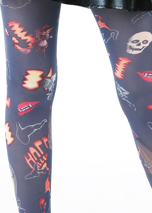 Pamela Mann Pumpkin Skulls And Witch Printed Tights SideZoom 2