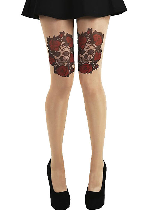 Pamela Mann Skull And Roses Gothic Tattoo Tights SideZoom 2
