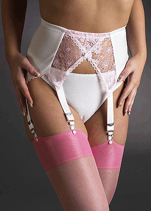 Sassy 6 Strap Pink and White Cross Over Suspender Belt