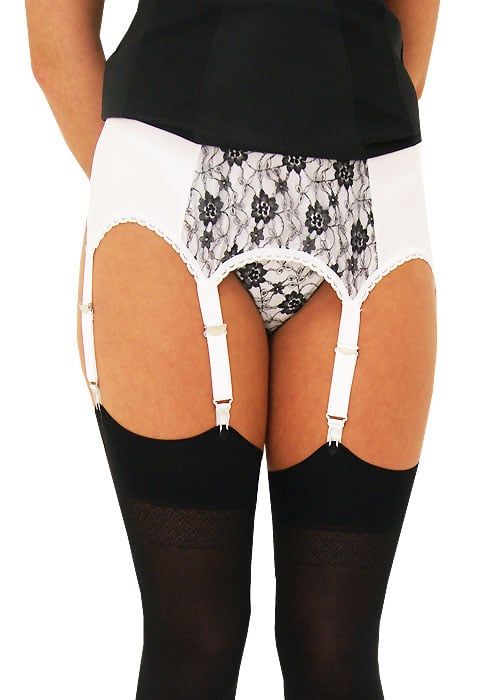 Sassy 6 Strap Lace Front White Suspender Belt With Thong Brief image
