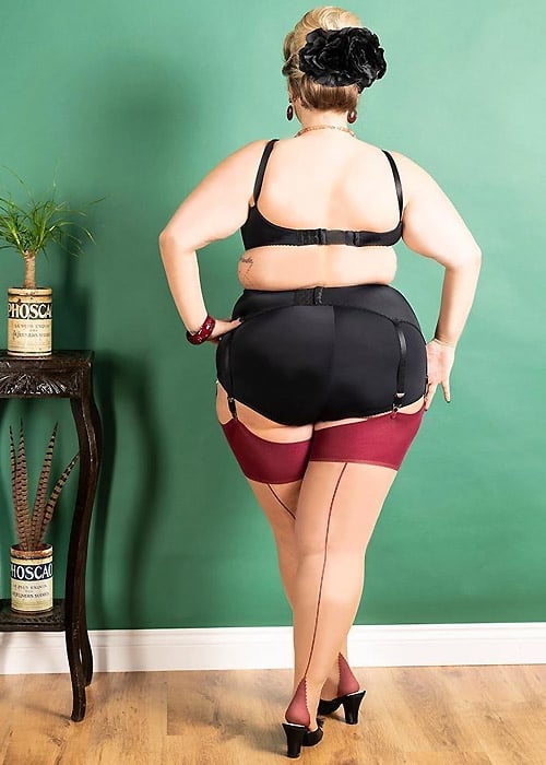 What Katie Did Glamour Contrast Seamed Stockings Curve Champagne Claret SideZoom 3