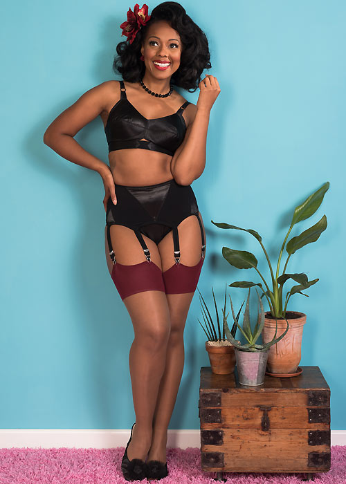 What Katie Did Glamour Contrast Seamed Stockings Nutmeg Claret image