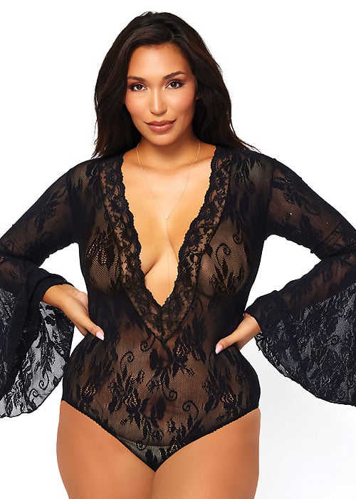Leg Avenue Stretch Lace Deep V Bell Sleeve Bodysuit image