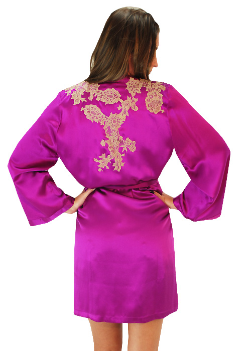 Marjolaine Silk and French Lace Short Robe Orchid SideZoom 2