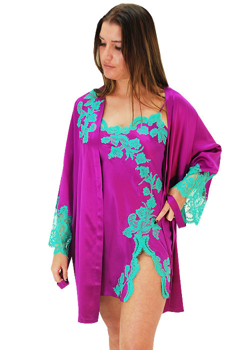 Marjolaine Tentation Silk and French Lace Short Robe Orchid