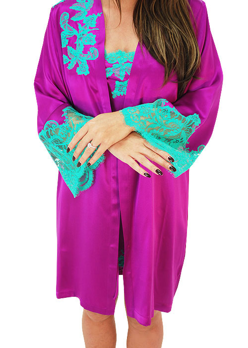 Marjolaine Tentation Silk and French Lace Short Robe Orchid BottomZoom 2