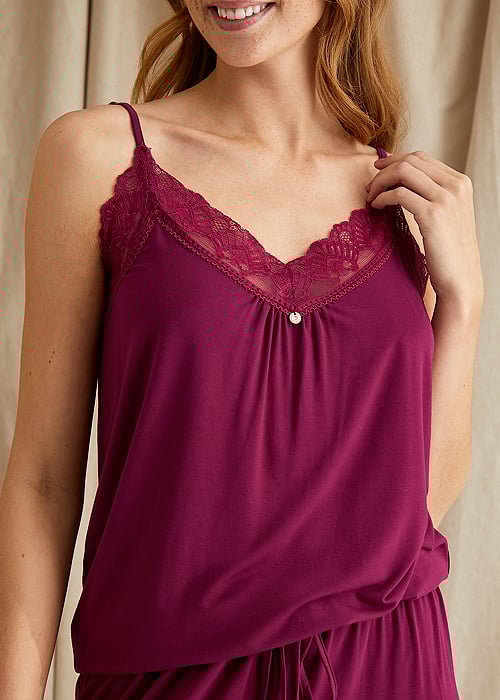 Pretty You London Bamboo Lace Bordeaux Cami and Cropped Trouser Pyjama Set image