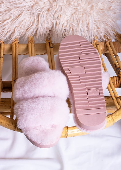 Pretty You London Jinx Rose Real Sheepskin Slippers SideZoom 2