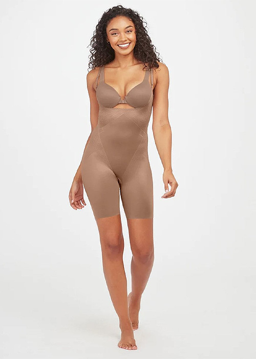 Spanx Thinstincts 2.0 Open Bust Mid Thigh Cafe Bodysuit SideZoom 1